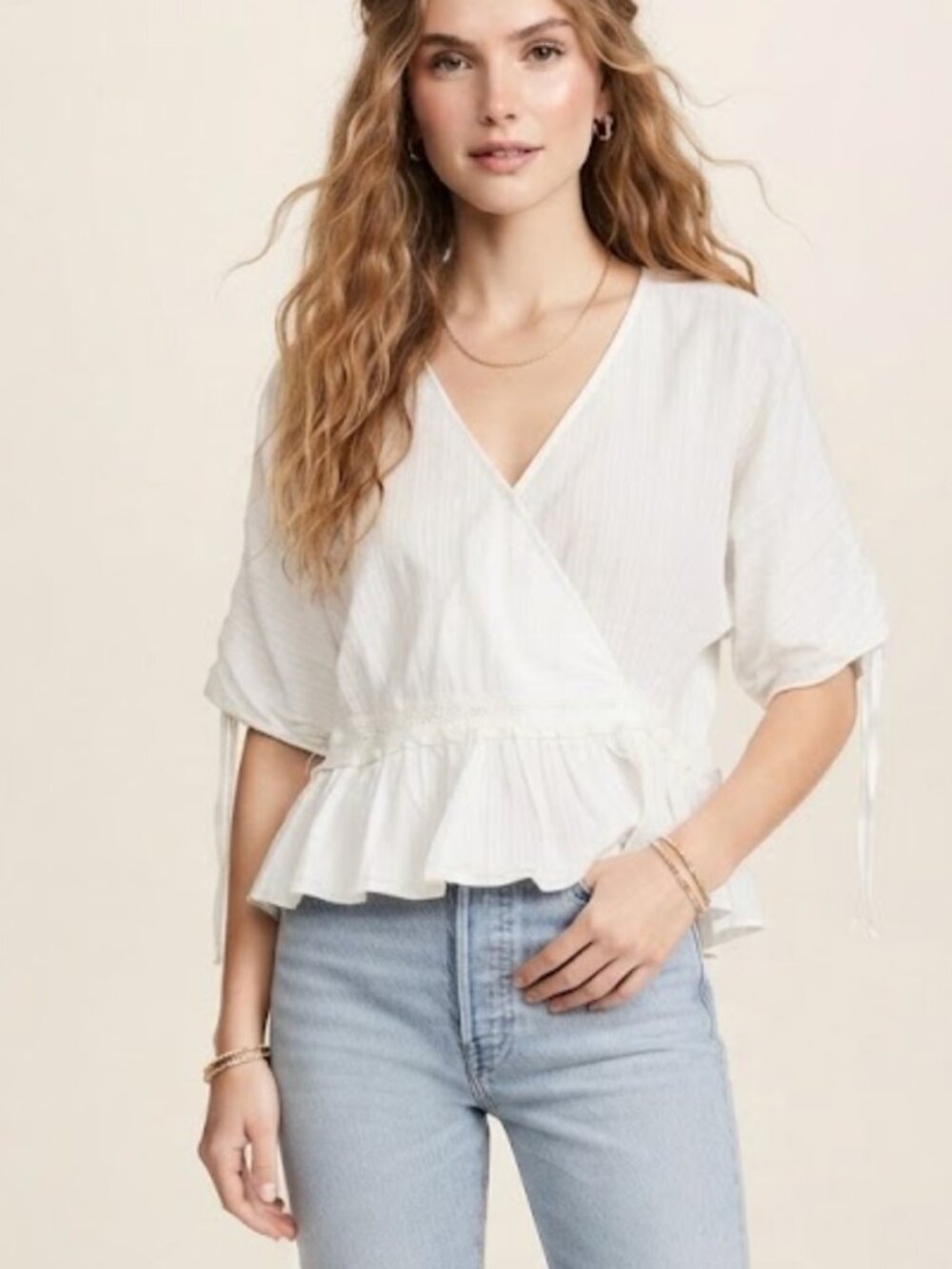 Maeve Anthropologie Babydoll White Cotton Blouse Wrap Ruffle Cottagecore M